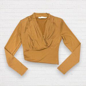 ASTR The Label Shawl Collar Wrap Top Asymmetrical Gold Taupe Knit Blouse Size S
